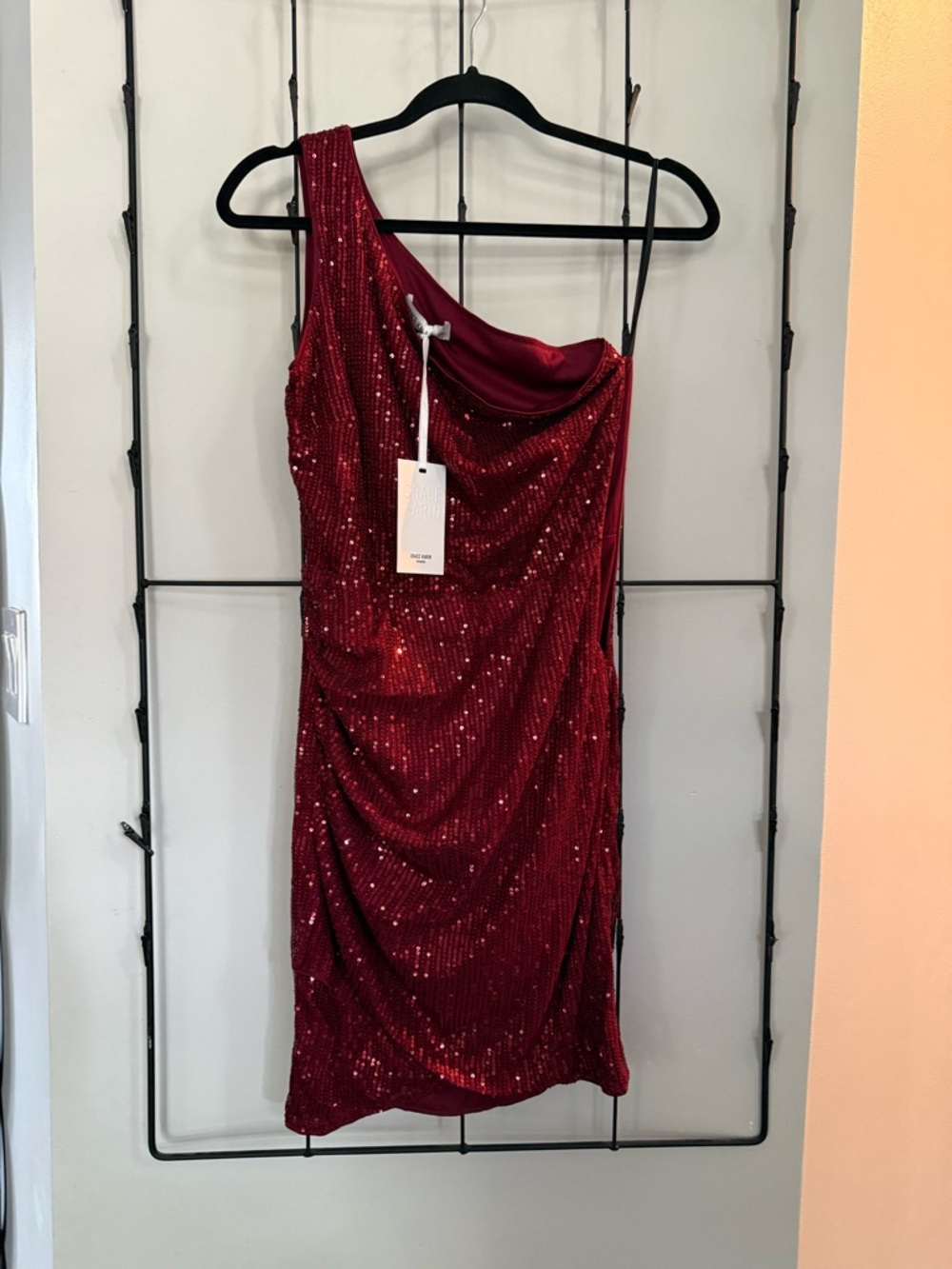 Grace Karin Burgundy Sequin One-Shoulder Cocktail Dress
